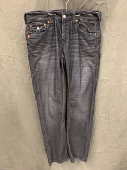 TRUE RELIGION, Faded Black, Cotton, Polyester, Solid, Thin Wale Corduroy, Zip Fly, 5 Pockets, Belt Loops