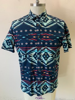 L.O.G.G., Navy Blue, Lt Blue, Cherry Red, Orange, Cream, Cotton, Native American/Southwestern , Short Sleeve Button Front, Collar Attached