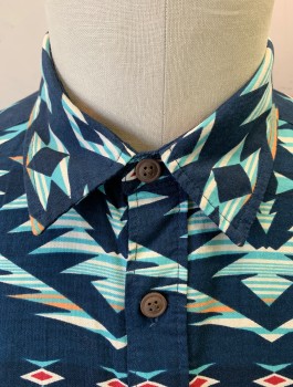 L.O.G.G., Navy Blue, Lt Blue, Cherry Red, Orange, Cream, Cotton, Native American/Southwestern , Short Sleeve Button Front, Collar Attached