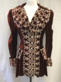 Womens, Coat, ANNA SUI, Rust Orange, White, Silk, Solid, M, Velvet Frock Coat, Cream Diamond Embroidery, Cream/Rust/Gold Button Front, Collar Attached, Peaked Lapel, 2 Faux Flap Pockets, Gathered Inset Sleeves, Roll Back Cuff, Gathered at Back Waist, 2 Back Waist Pleats and 1 Vent