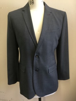 Mens, Sportcoat/Blazer, TED BAKER, Slate Blue, Gray, Polyester, Viscose, Birds Eye Weave, 38S, Dotted Weave, Single Breasted, Notched Lapel with Hand Picked Stitching, 2 Buttons, 3 Pockets, Navy Faille Accents on Lapel and Pockets,  Lining is Detailed Living Room Print