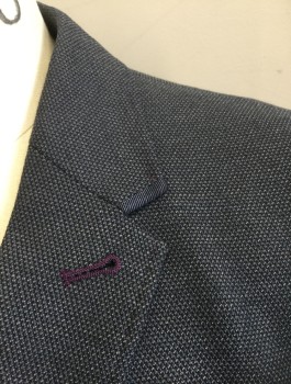 Mens, Sportcoat/Blazer, TED BAKER, Slate Blue, Gray, Polyester, Viscose, Birds Eye Weave, 38S, Dotted Weave, Single Breasted, Notched Lapel with Hand Picked Stitching, 2 Buttons, 3 Pockets, Navy Faille Accents on Lapel and Pockets,  Lining is Detailed Living Room Print