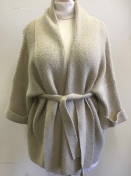 Womens, Sweater, AKEMI KIN, Beige, Acrylic, Polyester, Solid, L/XL, Matching Belt, Rib Knit, Short Sleeves with Cuff, Belt is in Large Belt Casing Center Back, Wide Shawl Collar,