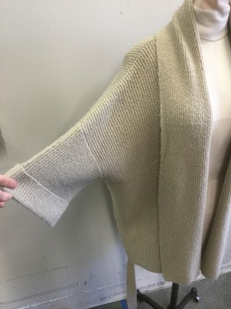 Womens, Sweater, AKEMI KIN, Beige, Acrylic, Polyester, Solid, L/XL, Matching Belt, Rib Knit, Short Sleeves with Cuff, Belt is in Large Belt Casing Center Back, Wide Shawl Collar,
