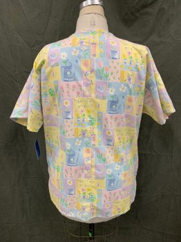 Womens, Nurse, Top/Smock, BARCO, Lt Yellow, Lt Blue, Pink, Green, White, Poly/Cotton, Floral, Patchwork, L, Snap Front, V-neck, Short Sleeves, 2 Pockets