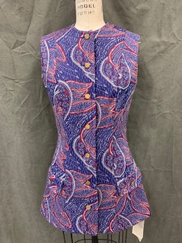 KORET OF CALIFORNIA, Dk Blue, Dk Red, Gray, Lt Gray, Polyester, Floral, Gold Button Front, Sleeveless, 2 Faux Flap Pockets, Below Hip Length,