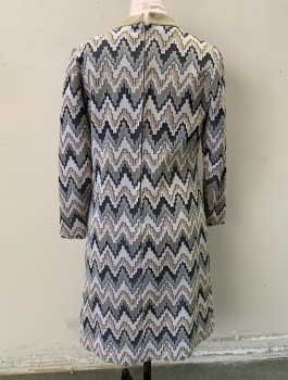 B. ALTMAN & CO, Beige, Black, Tan Brown, White, Polyester, Zig-Zag , Abstract , Double Knit Polyester, Long Sleeves, Shift Dress, Solid Tan Round Neck and Panel at 1 Shoulder with 3 Decorative Beige Buttons, Knee Length, Center Back Zipper,