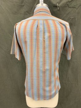 MUSTANG, Lt Blue, Dk Red, Ochre Brown-Yellow, Cotton, Polyester, Stripes - Vertical , Button Front, Collar Attached, Button Down Collar, 1 Pocket, Short Sleeves, *Tear in Shoulder*