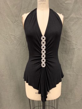 Womens, Top, CYNTHIA VINCENT, Black, Rayon, Spandex, Solid, M, Halter Tie Back, Gathered at Center Front, Beaded and Rhinestone Circles Down Center Front, Asymmetrical Hem, Gathered at Center Back
