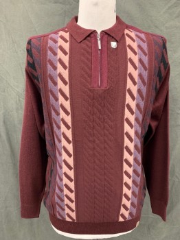 Mens, Pullover Sweater, STACY ADAMS, Maroon Red, Mauve Pink, Purple, Black, Rayon, Acrylic, Stripes, L, 1/4 Zip Front, Ribbed Knit Collar Attached, Textured Stripes Front, Solid Maroon Back and Sleeves, Ribbed Knit Cuff/Waistband, Elbow Patches