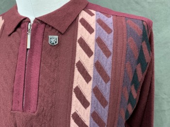 Mens, Pullover Sweater, STACY ADAMS, Maroon Red, Mauve Pink, Purple, Black, Rayon, Acrylic, Stripes, L, 1/4 Zip Front, Ribbed Knit Collar Attached, Textured Stripes Front, Solid Maroon Back and Sleeves, Ribbed Knit Cuff/Waistband, Elbow Patches