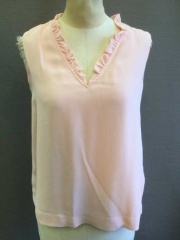 Womens, Top, WHISTLES, Lt Pink, Viscose, Polyester, Solid, 4, Crepe, Sleeveless, V-neck with Ruffled Edge, Pullover