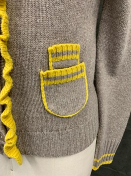 MARC JACOBS, Beige, Yellow, Wool, Solid, Solid Beige with Yellow Trim, Scoop Neck, Button Front, Yellow Collar/Placket Ruffle, 2 Double Patch Pockets with Stripe Ribbed Knit Trim, Ribbed Knit Waistband, Yellow Stripes on Ribbed Knit Cuff