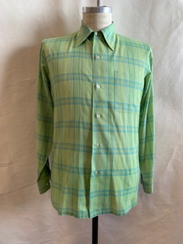 Mens, Shirt, PARK AVE, Lt Green, Lt Blue, Dk Olive Grn, Poly/Cotton, Plaid, S, Collar Attached, Button Front, Long Sleeves, 1 Pocket, Button Cuffs