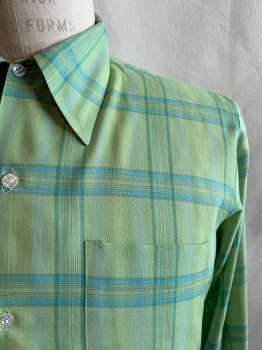 PARK AVE, Lt Green, Lt Blue, Dk Olive Grn, Poly/Cotton, Plaid, Collar Attached, Button Front, Long Sleeves, 1 Pocket, Button Cuffs