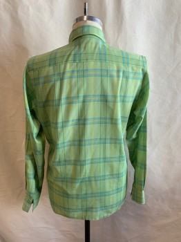 PARK AVE, Lt Green, Lt Blue, Dk Olive Grn, Poly/Cotton, Plaid, Collar Attached, Button Front, Long Sleeves, 1 Pocket, Button Cuffs