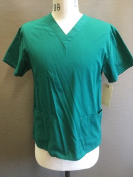 DICKIES, Teal Green, Poly/Cotton, Solid, V-neck, Short Sleeves, 2 Pockets,