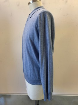 Mens, Pullover Sweater, NORDSTROM, French Blue, Wool, Heathered, XL, Polo, L/S, 3 Buttons, Collar Attached,