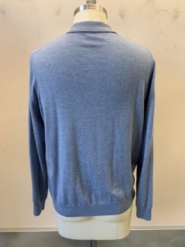 Mens, Pullover Sweater, NORDSTROM, French Blue, Wool, Heathered, XL, Polo, L/S, 3 Buttons, Collar Attached,