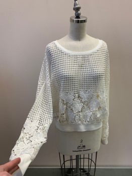 Womens, Top, LUSH, White, Polyester, Geometric, Floral, S, L/S, Scoop Neck, Lace, Rib Knit Cuffs & Waistband