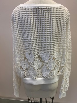 Womens, Top, LUSH, White, Polyester, Geometric, Floral, S, L/S, Scoop Neck, Lace, Rib Knit Cuffs & Waistband