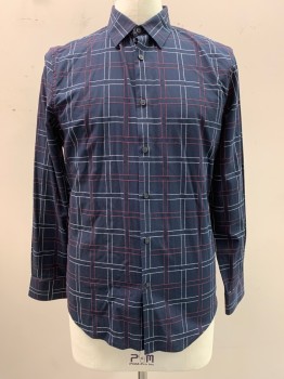 PERRY ELLIS, Navy Blue, Red, White, Cotton, Plaid, Collar Attached, Button Front, Long Sleeves,