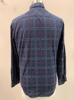 Mens, Shirt, PERRY ELLIS, Navy Blue, Red, White, Cotton, Plaid, M, Collar Attached, Button Front, Long Sleeves,