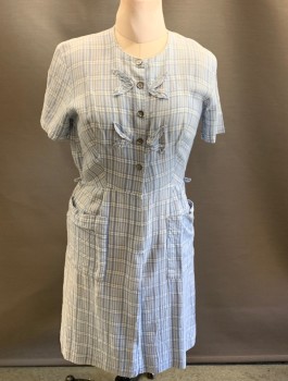 Womens, Dress, NL, Baby Blue, White, Cotton, Plaid, W: 30, B: 40, Round Neck,  1/2 Button Front, S/S, 2 Pairs of Fabric Petals on Each Side of Placket, Defined Waist, Pleated Waist, 2 Patch Pockets *No Belt