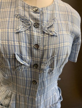 NL, Baby Blue, White, Cotton, Plaid, Round Neck,  1/2 Button Front, S/S, 2 Pairs of Fabric Petals on Each Side of Placket, Defined Waist, Pleated Waist, 2 Patch Pockets *No Belt