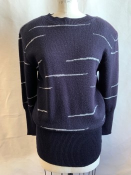 Womens, Sweater, ARLETTE ROUSSEAUX, Black, Acrylic, Stripes, Speckled, S/M, B 36, Silver Half Stripes, Silver Speckles, Ribbed Knit Collar Attached, Extended Ribbed Knit Cuff, 10" Ribbed Waistband, Shoulder Pads