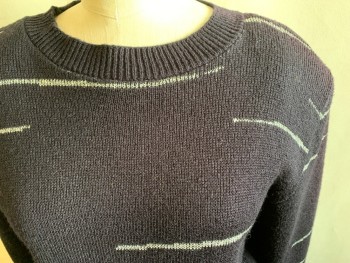 Womens, Sweater, ARLETTE ROUSSEAUX, Black, Acrylic, Stripes, Speckled, S/M, B 36, Silver Half Stripes, Silver Speckles, Ribbed Knit Collar Attached, Extended Ribbed Knit Cuff, 10" Ribbed Waistband, Shoulder Pads