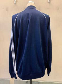 Mens, Sweatsuit Jacket, ADIDIAS, Navy Blue, White, Polyester, Cotton, Solid, 2XL, L/S, Zip Front, Side Pockets, Stripes On Sleeves,