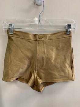 AMERICAN APPAREL, Gold, Nylon, Elastane, Solid, Mini Shorts, Flat Front, Zip Front, Back Pockets