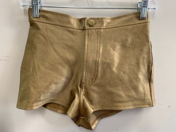 AMERICAN APPAREL, Gold, Nylon, Elastane, Solid, Mini Shorts, Flat Front, Zip Front, Back Pockets