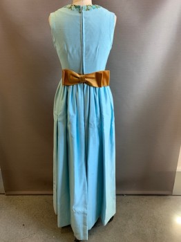 Womens, Evening Gown, NO LABEL, Turquoise Blue, Gold, Cotton, Polyester, Solid, W26, B32, Sleeveless, Crew Neck, Embroiderred Flowers on Neckline and Bottom, Gold Waist Band with Back Bow, Pleated Back Zipper,