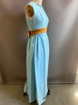 NO LABEL, Turquoise Blue, Gold, Cotton, Polyester, Solid, Sleeveless, Crew Neck, Embroiderred Flowers on Neckline and Bottom, Gold Waist Band with Back Bow, Pleated Back Zipper,