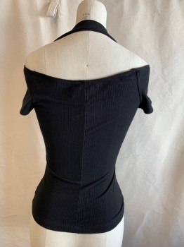 Womens, Top, REFORMATION, Black, Tencel, Spandex, Solid, XS, Ribbed Knit, V-neck, Off the Shoulder Short Sleeves, Band Attached Around Neck