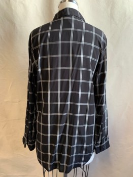 Womens, Blouse, CALVIN KLEIN, Black, White, Viscose, Grid , L, Button Front, Collar Attached, Long Sleeves, Button Cuff