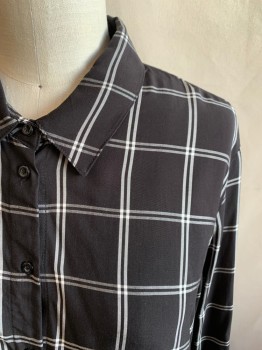 Womens, Blouse, CALVIN KLEIN, Black, White, Viscose, Grid , L, Button Front, Collar Attached, Long Sleeves, Button Cuff