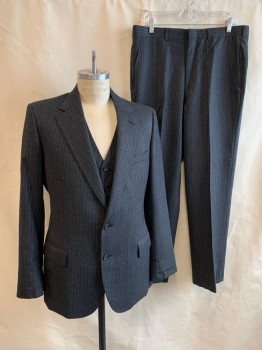 NORDSTROM, Dk Gray, Lt Gray, Wool, Stripes - Pin, Single Breasted, 2 Buttons, Notched Lapel, 3 Pockets, 3 Button Cuffs, 1 Back Vent