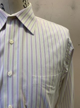 Mens, Casual Shirt, VAN HEUSEN, Purple, White, Lime Green, Cotton, Stripes - Vertical , 33, 15, L/S, Button Front, Collar Attached, Chest Pocket
