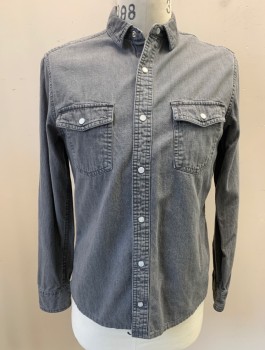 ONLY & SONS, Gray, Cotton, Solid, Snap Front, L/S, 2 Snap Flap Pocket, Western Yoke Back Only