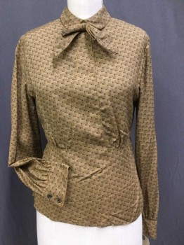 Womens, Blouse, N/L, Brown, Black, Polyester, Rayon, Basket Weave, Geometric, B 36, Collar Attached W/self Bow-tie, Gathered Yoke Design Front, Long Sleeves, Hidden Button Back, Matching 1st (only) Back Button and cuffs
