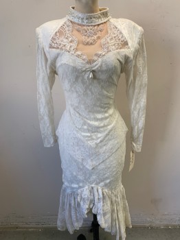 Womens, Wedding Dress, MTO, Off White, Nylon, Spandex, Floral, W 26, B 32, H 34, Long Sleeves, Stretch Floral Lace, Beaded Applique, Illusion Sweetheart Neckline, Collar Band, Plunging Scoop Back, Back Zipper, Ruffled Hi-lo Hem,