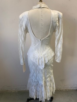 Womens, Wedding Dress, MTO, Off White, Nylon, Spandex, Floral, W 26, B 32, H 34, Long Sleeves, Stretch Floral Lace, Beaded Applique, Illusion Sweetheart Neckline, Collar Band, Plunging Scoop Back, Back Zipper, Ruffled Hi-lo Hem,