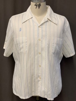 Mens, Casual Shirt, MR CALIFORNIA, Off White, Blue, Polyester, Cotton, Stripes - Vertical , XL, C.A., B.F., S/S, 2 Pckts,