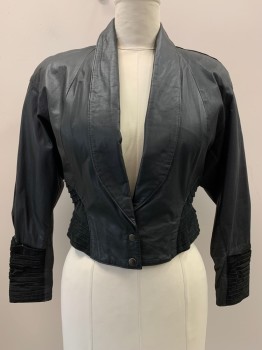 Womens, Leather Jacket, CHIA, Black, Leather, Solid, B38, L/S, Snap Button Front, Shawl Collar, Suede Sides And Cuffs Shoulder Pads