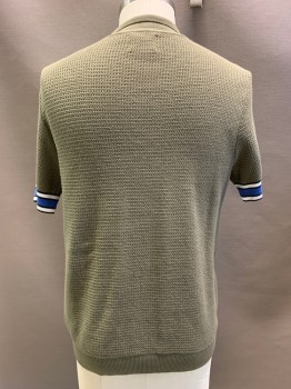 TOPMAN, Olive Green, Blue, Black, White, Cotton, Solid, S/S, Collar Attached, Stripes On Sleeves