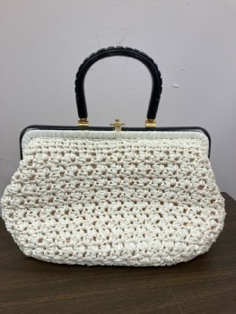 Womens, Purse, MADE IN ITALY, Cream Raffia with Midnight Frame And Carved Wooden Handle, Brass Clasp And Handle Hinges