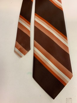 Mens, Tie, DON LOPEZ, Brown, Burnt Orange, Ivory White, Polyester, Stripes, Four in Hand, Wide Width